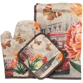 Набор кухонного текстиля, 3 предмета, Весенний Лондон (фартук, варежка, прихватка) Y3-826 I.K