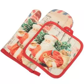 Набор кухонный 2 шт, 17х26см+17х17см(варежка,прихватка), 100% полиэстер, Санта-Клаус с подарками, T2020-23