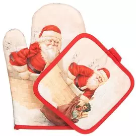 Набор кухонный 2 шт, 26х16 см + 17х17 см (варежка, прихватка), 100% полиэстер, Дед Мороз, Y6-1914