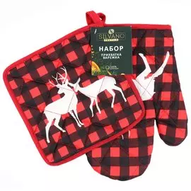 Набор кухонный 2 шт, 26х18 + 18х18см (варежка, прихватка), Олени на клетке, AI-2005018