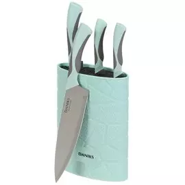 Набор ножей 5 предметов, 20 см, 20 см, 12.5 см, 9 см, нержавеющая сталь, рукоятка пластик, с подставкой, пластик, Daniks, Gusto, YW-A377B