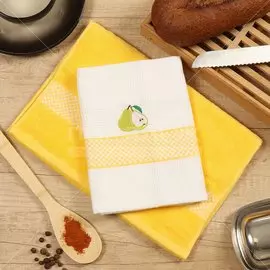 Набор полотенец кухонных 2 шт, 34х78 см, махровый, вафельный, 100% хлопок, 240 г/м2, Груша, белый, желтый, Китай, DH-19