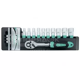 Набор торцевых головок 11 предметов, 1/2", 10-22 мм, CrV, с трещоткой, Stels, 14127