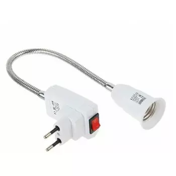 Переходник E27, гибкий, с выключателем, вилка-патрон, 300мм, белый, Ecola, Base, APF7SWEAY