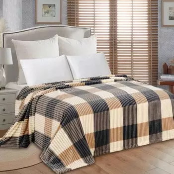 Плед евро, 200х220 см, велсофт жаккард, 100% полиэстер, Silvano, Полоски, Клетка, бежевый, ST-202