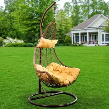 Подвесное кресло Кокон, 1-мест, 105х125х198 см, 150 кг, Green Days, коричневое, ротанг, подушка капучино, H083-JS8634