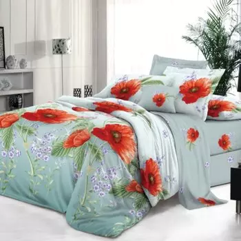 Постельное белье 2-спальное, простыня 180х215 см, 2 наволочки 70х70 см, пододеяльник 175х215 см, Butterfly, поплин, Яркие маки