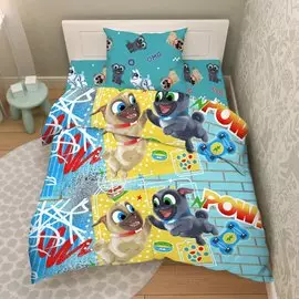 Постельное белье детское 1.5-спальное, простыня 150х214 см, 1 наволочка 70х70 см, пододеяльник 145х215 см, Василек, бязь, Дружные мопсы, 9898/1