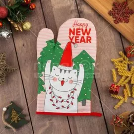 Прихватка-варежка 27х20 см, 100% хлопок, Этель, Новогодний кот, 5035828