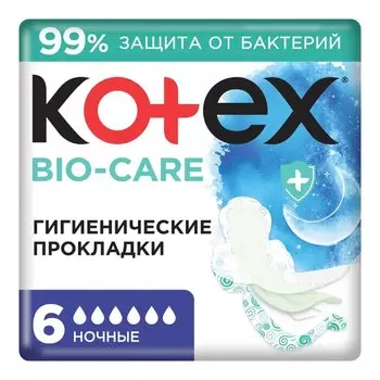 Прокладки женские Kotex, Bio-Care, ночные, 6 шт, 9426151