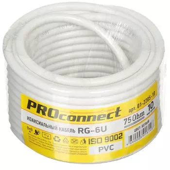 Провод телевизионный коаксиальный, 10 м, RG-6U, (48%), 75 Ом, белый, PROconnect, 01-2205-10