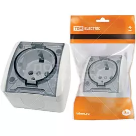 Розетка открытой установки, 1 гнездо, с заземлением, 16 А, пластик, IP54, белая, 2П+3, с прозрачной крышкой, TDM Electric, Селигер, SQ1818-0007