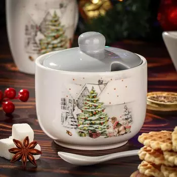 Сахарница 500 мл, доломит, 11.2х11.2х11 см, с ложкой, Daniks, Сказочная зима