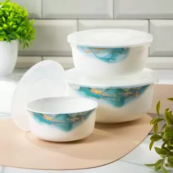 Салатник стеклокерамика, круглый, 3 шт, 19,16,14 см, 0.5,0.8,1.4 л, с крышкой, Флюид, Daniks, синий