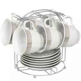 Набор чайный керамика, 12 предметов, на 6 персон, 230 мл, металлическая подставка, Классика, KTS13-G03