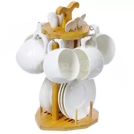 Набор чайный керамика, 12 предметов, на 6 персон, 180 мл, деревянная подставка, Y4-3723, подарочная упаковка