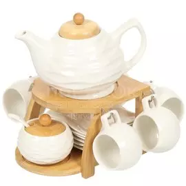 Набор чайный керамика, 14 предметов, на 6 персон, 140 мл, деревянная подставка, Y4-3552