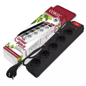 Сетевой фильтр 5 гнезд, 1.5 м, ПВС, 3х0.75 мм, с заземлением, 10 А, черный, Союз, 1335