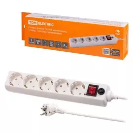 Сетевой фильтр 5 гнезд, 5 м, ПВС, 3х0.75 мм, с заземлением, 10 А, выключатель, белый, TDM Electric, СФ-05В, SQ1304-0018