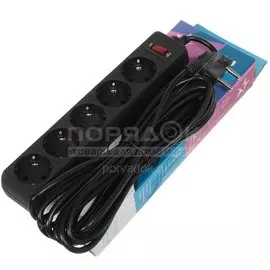 Сетевой фильтр 5 гнезд, 1.8 м, ПВС, 3 х 0.75, с заземлением, 10 А, черный, Космос, FKsm1.8m-5g(B)