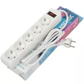 Сетевой фильтр 5 гнезд, 1.8 м, ПВС, 3 х 0.75, с заземлением, 10 А, белый, Космос, FKsm1.8m-5g(W)