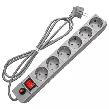 Сетевой фильтр 6 гнезд, 1.8 м, ПВС, 3x0.75 мм, с заземлением, 10 А, серый, UNIVersal, 967U-5001