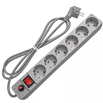 Сетевой фильтр 6 гнезд, 3 м, ПВС, 3x0.75 мм, с заземлением, 10 А, серый, UNIVersal, 967U-5003