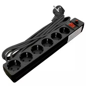 Сетевой фильтр 6 гнезд, 5 м, ПВС, 3x0.75 мм, с заземлением, 10 А, черный, UNIVersal, 967U-4005