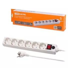 Сетевой фильтр 6 гнезд, 5 м, ПВС, 3х0.75 мм, с заземлением, 10 А, выключатель, белый, TDM Electric, СФ-06В, SQ1304-0021