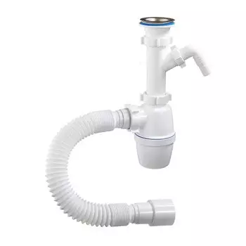 Сифон для мойки, 1" 1/2, 40х40/50, полипропилен, с выпуском, с отводом, с гофрой, Orio, А-40059