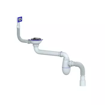 Сифон для мойки, трубный, 3 1/2", полипропилен, с выпуском, с переливом, прямоугольный перелив, со смещением, Unicorn, ВС 22