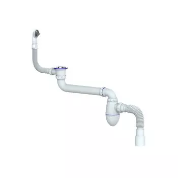 Сифон для тюльпана, умывальника, нержавеющая сталь, полипропилен, с выпуском, круглый перелив, со смещением, белый, Unicorn, АС 23