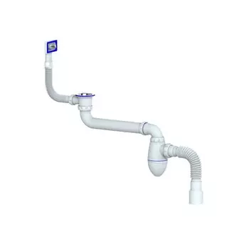 Сифон для тюльпана, умывальника, нержавеющая сталь, полипропилен, с переливом, прямоугольный перелив, со смещением, белый, Unicorn, АС 22