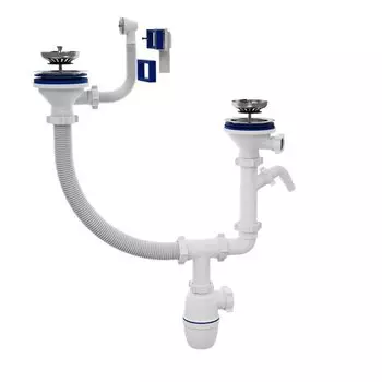 Сифон двойной бутылочный для мойки, 3.1/2"х40, с переливом, универсальный перелив, разноуровневый, с одним отводом, Orio, Б-45093