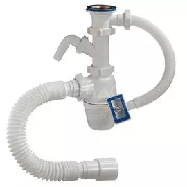 Сифон для мойки, 1" 1/2, 40х40/50, полипропилен, с выпуском, с переливом, прямоугольный перелив, с отводом, с гофрой, Orio, А-4010