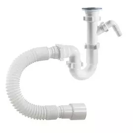 Сифон для мойки, трубный, 1" 1/2, 40х40/50, полипропилен, с выпуском, прямоточный с отводом, с гофрой, Orio, S-41059