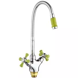 Смеситель для кухни, РМС, гибкий излив, с кран-буксой, зеленый, SL92GR-279F