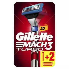 Станок для бритья Gillette, Mach3 Turbo 3D Red, для мужчин, 3 лезвия, 2 сменные кассеты
