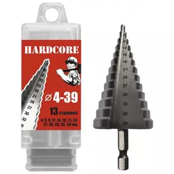 Сверло по металлу, шаговое, Hardcore, 4-39 мм (13 ступ.), шестигранник, 142439