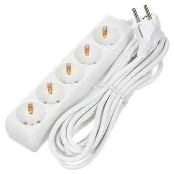 Удлинитель бытовой 5 гнезд, 5 м, 3х1 мм, с заземлением, 16 А, белый, General Lighting Systems, 470011