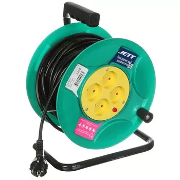 Удлинитель на катушке, 4 гнезда, 30 м, 2х1.5 мм, без заземления, пластик, Jett