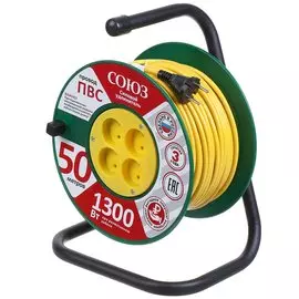 Удлинитель на катушке, 4 гнезда, 50 м, ПВС, 2х0.75 мм, без заземления, пластик, Союз, 481S-3105