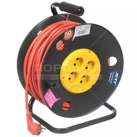 Удлинитель на катушке, 4 гнезда, 50 м, 2х2.5 мм, без заземления, пластик, Jett, 153-550