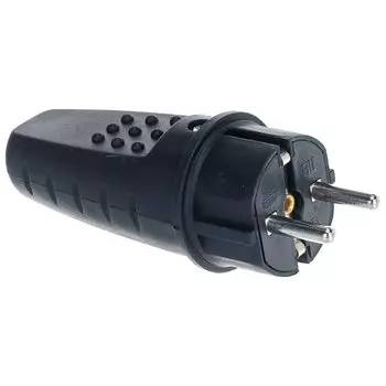 Вилка прямая, с заземлением, 16 А, IP44, 250 В, однофазная,каучук, черная, UNIVersal, 602227