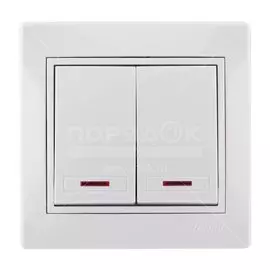 Выключатель скрытой установки, двухклавишный, без заземления, керамика, подсветка, белый, со вставкой, Lezard, Mira, 701-0202-112