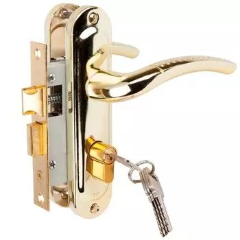 Замок врезной Vrata, 50/106-ЦМ70 PB, 210276, ручка в комплекте, цилиндровый, защелка, золото