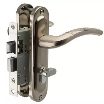 Замок врезной защелка, Vrata, 50/106-ЦМ70, 210275, ручка в комплекте, цилиндровый, никель