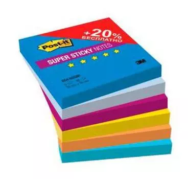 Блок самоклеящийся 3M Post-it Super Sticky 654-6SSBP Воздух Плюс 7100091464 5цв.в упаковке 90 листов (упак.:6шт)