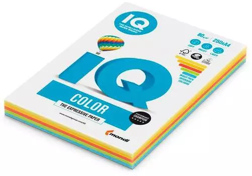 Бумага IQ Color A4 RB02 80г/м2 250л., радуга интенсив (5цветов)