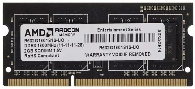 Оперативная память AMD DDR3 - 2Gb, 1600 МГц, SO-DIMM, CL11 (r532g1601s1s-u)